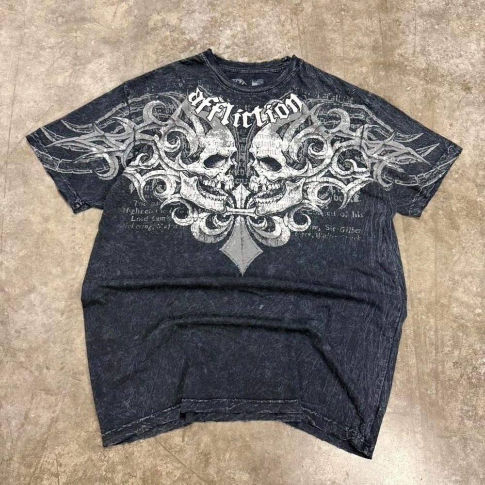 Y2K Affliction Navy Blue Grunge Skull Graphic Tee Size XL